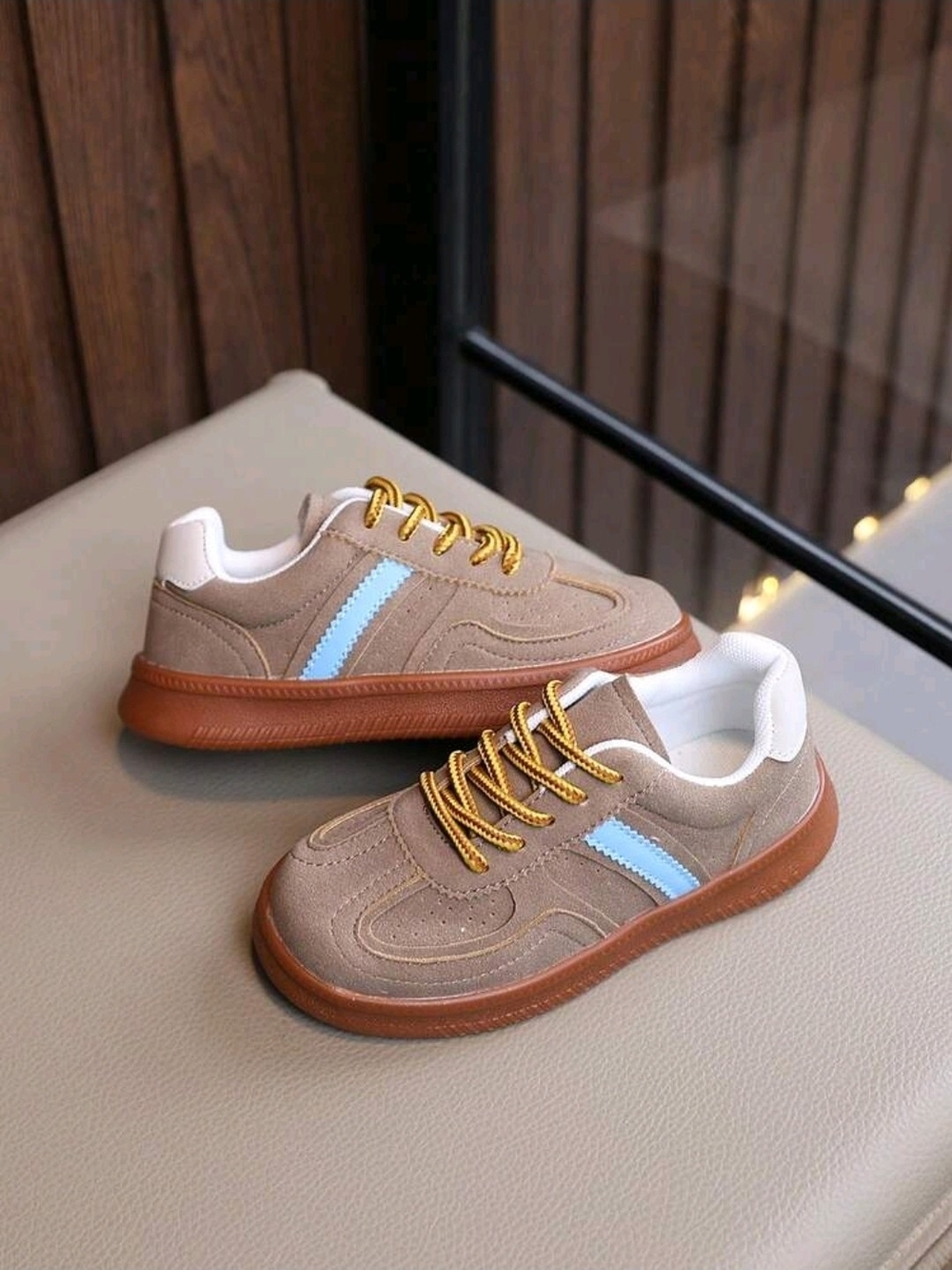 SHEIN Taupe Kids Sneakers with Light Blue Stripe and Yellow Laces
